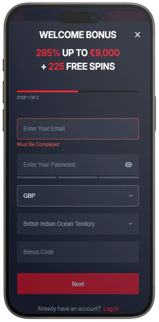 Registration on Onluck Casino App